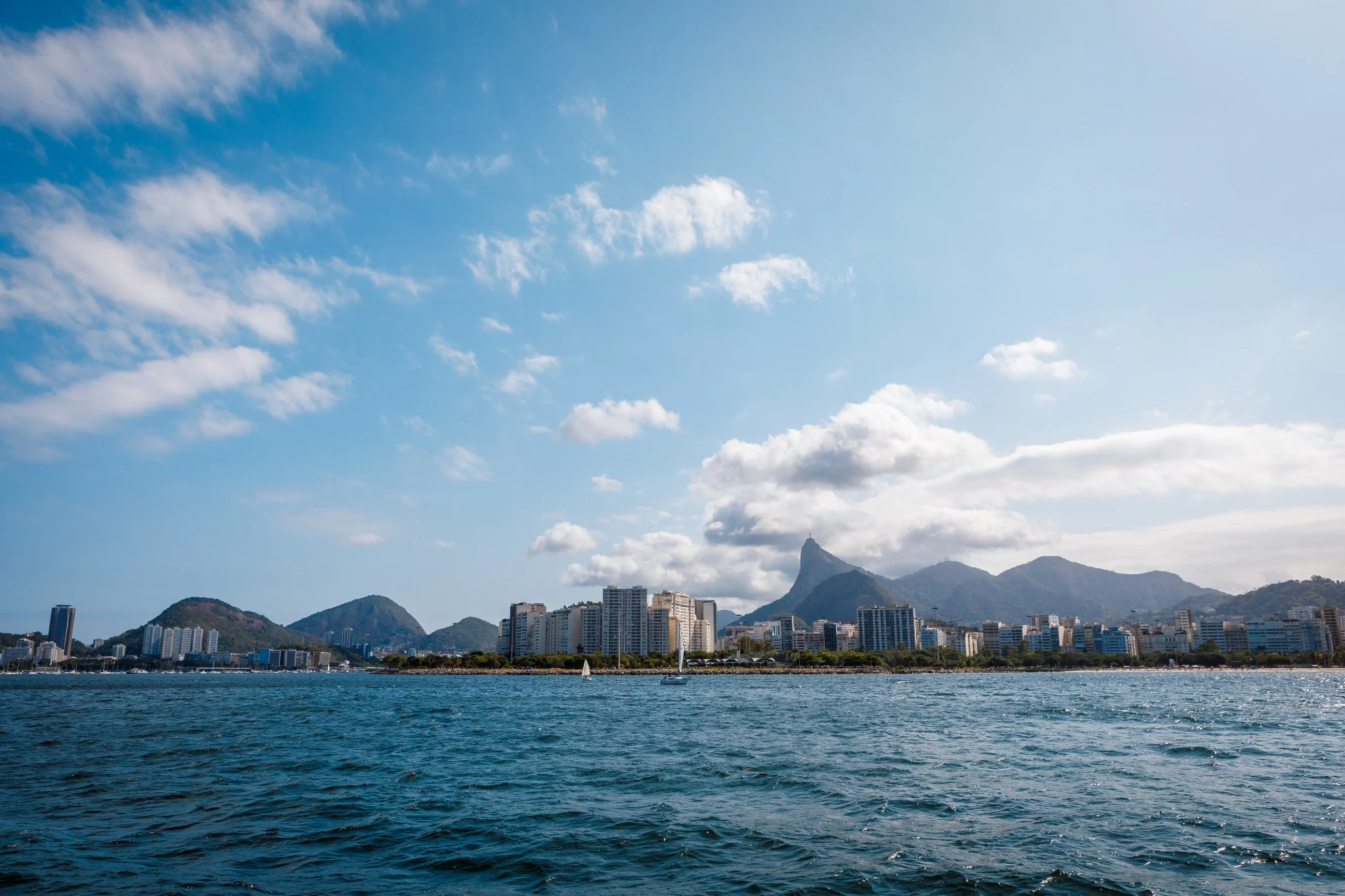 Rio de Janeiro skyline and mountains seen from Guanabara Bay.