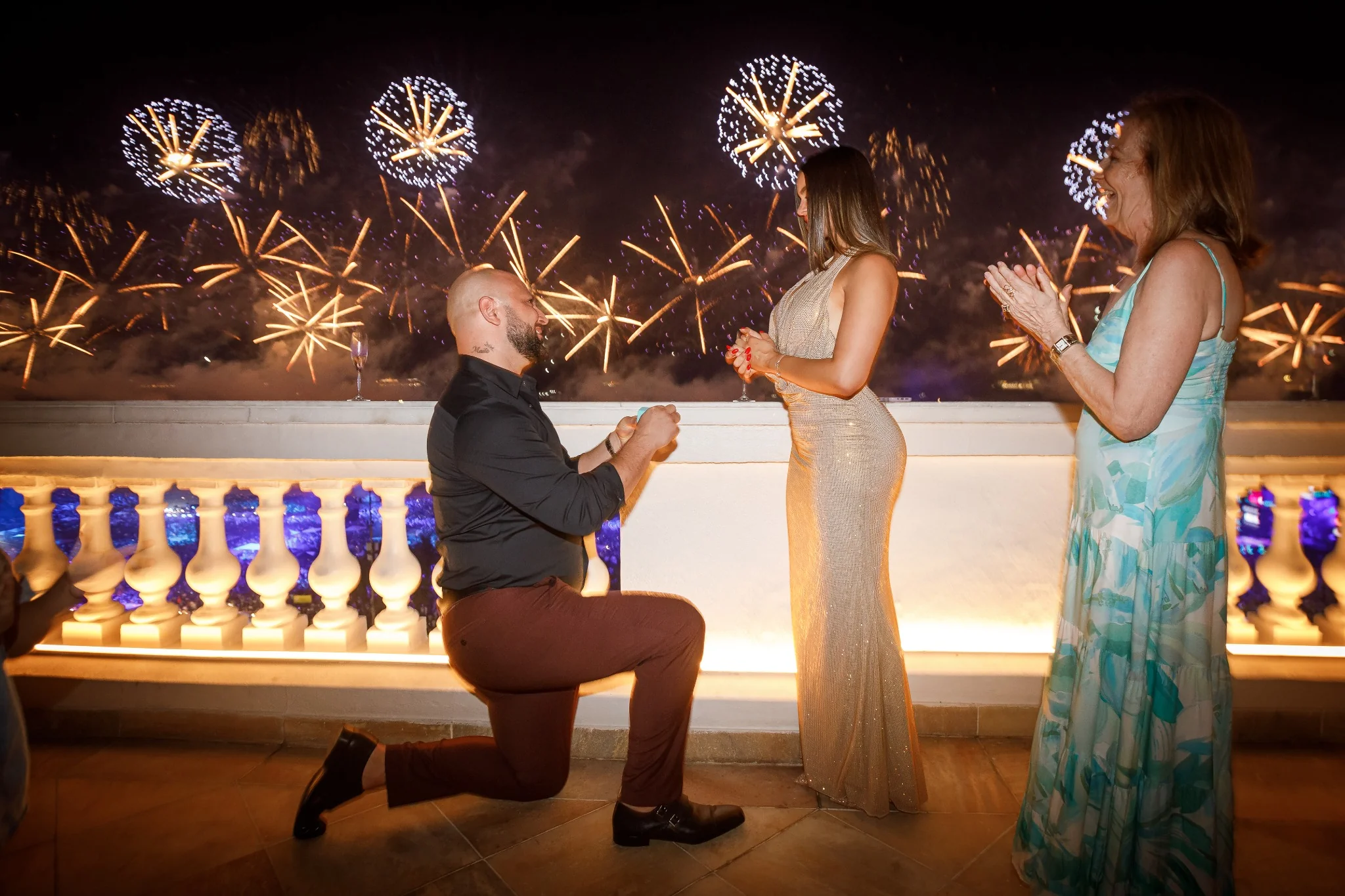 Proposal at Copacabana Palace during New Year fireworks.